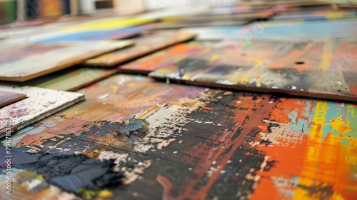 The printmaking studio floor is a canvas of its own covered in layers of defocused artworks in various stages of production a haven for those who thrive in the world of print. . photo