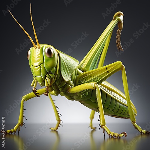 A Grasshopper Isolated Against a Plain Background: Displaying the Intricate Details and Striking Green Coloration of This Common Insect