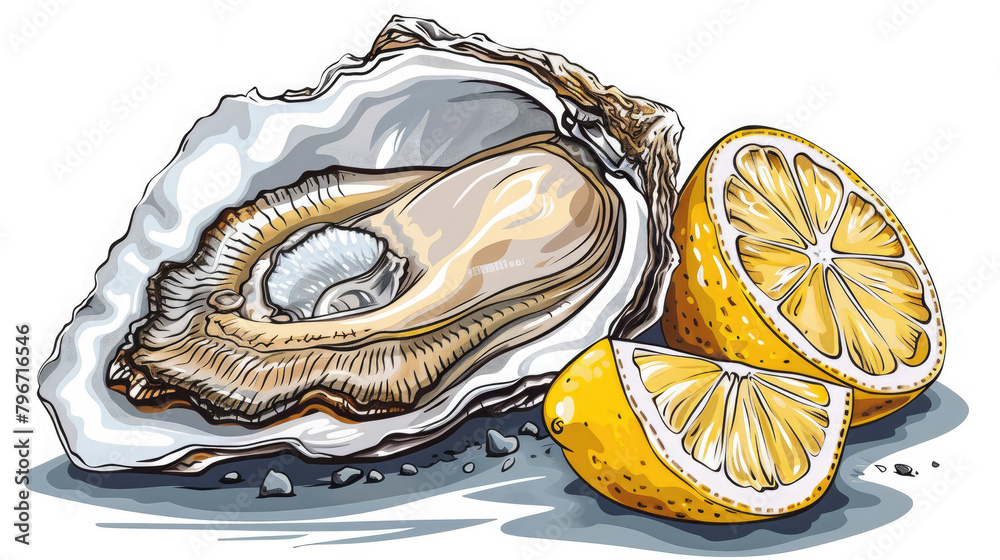open oyster with lemon on a white background, illustration, drawing ...