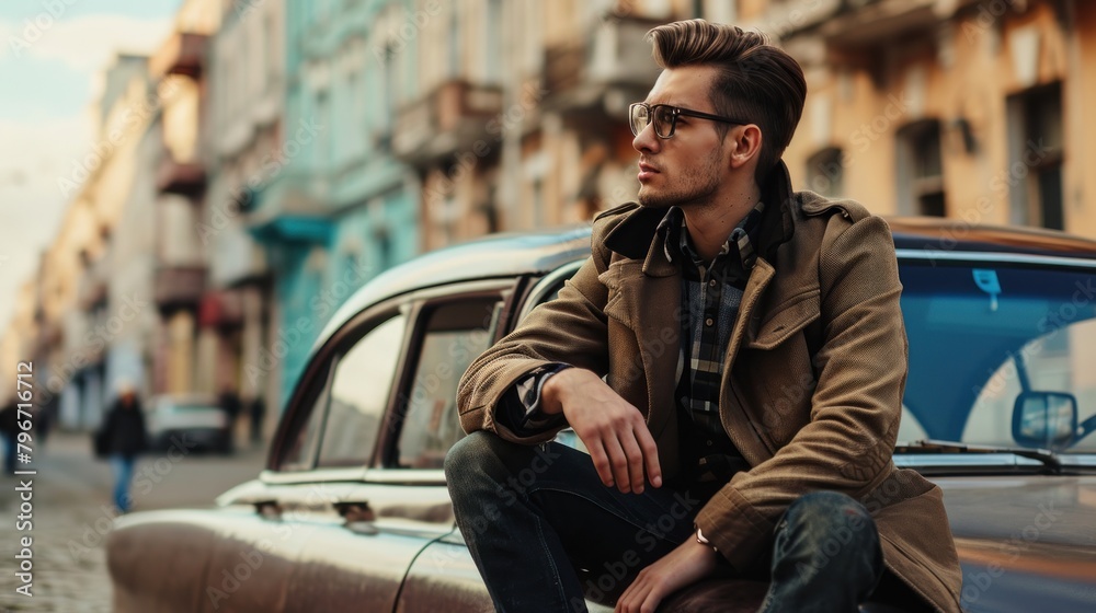 Stylish young man sitting on the hood of a classic car, reflecting on memories. Copy space