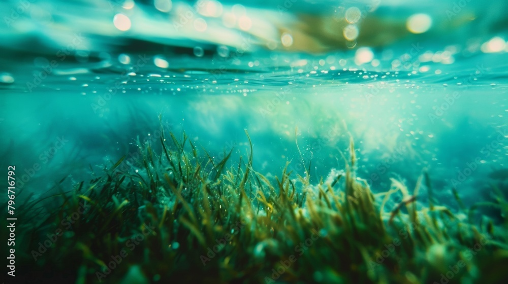 Fototapeta premium Defocused aquatic dreamscape The distorted shapes and colors of a submerged landscape captured through a defocused lens creating a dreamy and surreal version of an underwater escape. .
