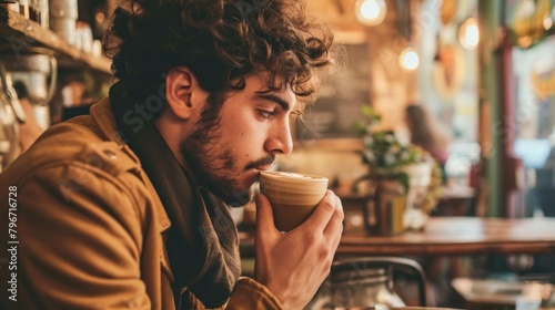 Stylish young man savoring a macchiato at a small independent cafe. Copy space. photo