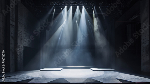 An empty stage bathed in spotlight, awaiting a contemporary dance performance, with monochromatic colors and sophisticated lighting design