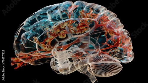 A detailed 3D model of a brain scan, highlighting areas of interest such as the amygdala, thalamus, and basal ganglia in a translucent format, aiding in psychiatric research and treatment photo