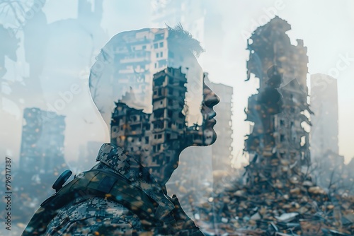 Double Exposure Portrait of a hopeful for the future soldier letting see the consequences of a war in a destroyed city