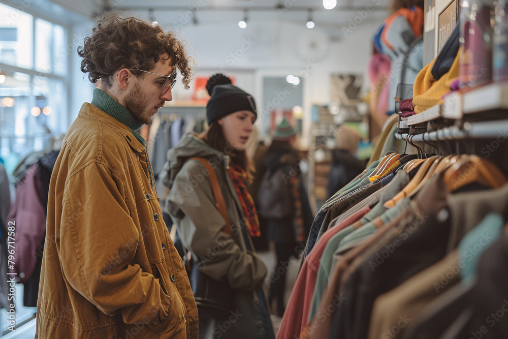Customers browsing through a selection of recycled and reused clothing in a store promoting sustainable fashion practices