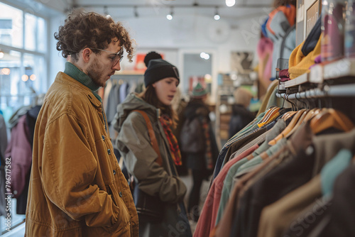 Customers browsing through a selection of recycled and reused clothing in a store promoting sustainable fashion practices © Natchaya