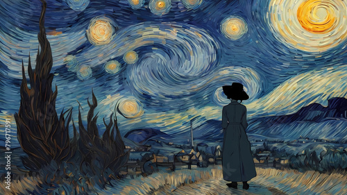 Reinterpretation of the noche estrellada de Van Gogh, como si fuese un anime de studio gibbli photo