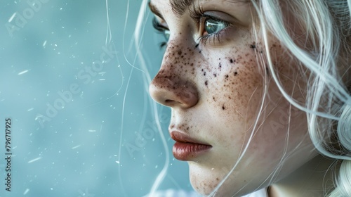 Close up of charming face of warrior woman with white hair AI generated image