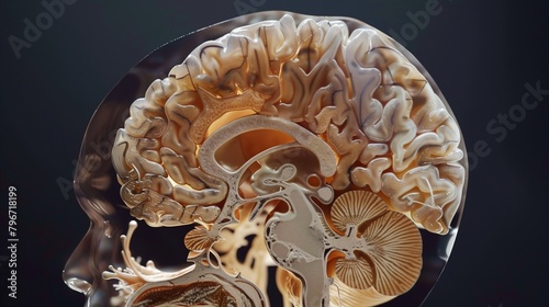 A cross-sectional view of a brain scan, highlighting regions such as the cortex, hippocampus, and cerebellum in a translucent format, facilitating medical education and diagnostic insights