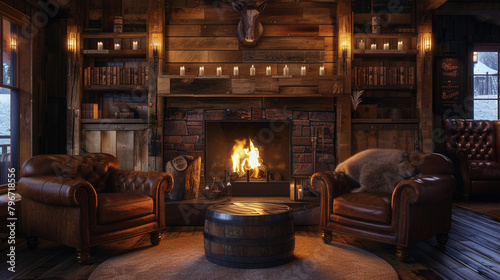 A cozy fireplace casting warm hues on rustic wooden walls, with plush leather chairs inviting relaxation. © memoona