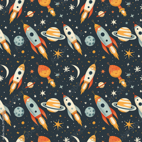 A seamless pattern filled with rockets, planets, and stars