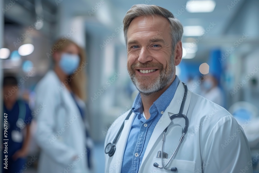 Confident mature male doctor smiling at the camera in a hospital setting with colleagues in the background Confident mature male doctor smiling at the camera in a hospital setting with colleagues in the background
