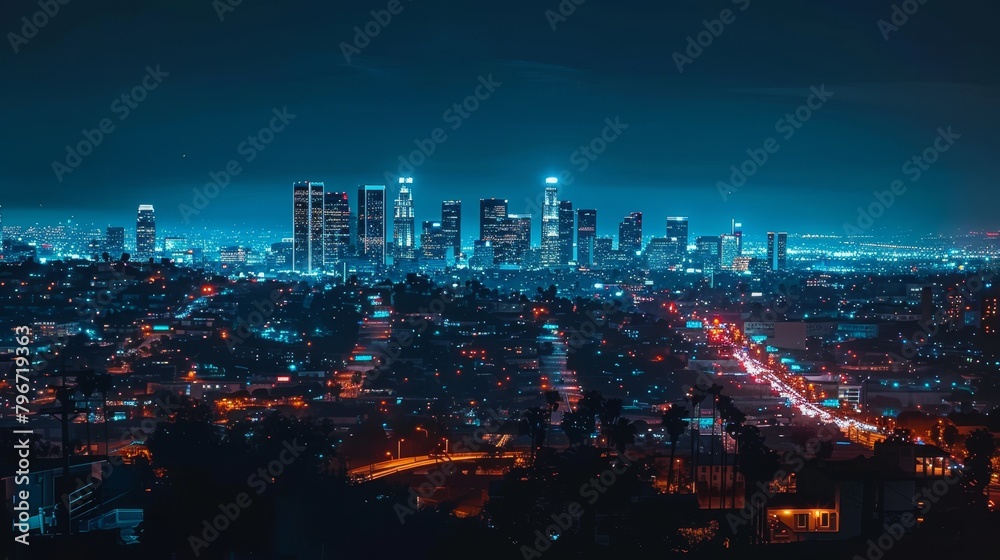 Cityscape panorama at night, rooftop perspective with glittering lights extending to the skyline
