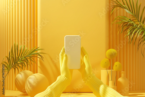 A mannequin hands and a smartphone, surrounded by a minimalist pastel yellow environment, focusing on elegance and modern aesthetics