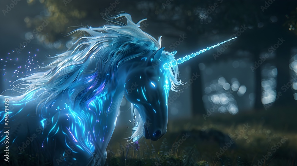 Mesmerizing Neon Unicorn Glowing in the Mystical Forest Darkness