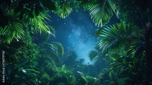 A night jungle with a starry sky and a bright moon