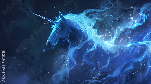 Mysterious Neon Blue Unicorn Emerging from Ethereal Shadows