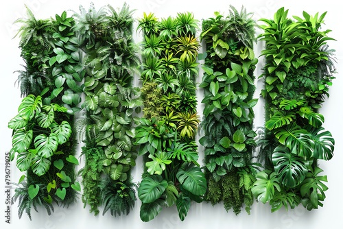A lush green vertical garden with a variety of plants and leaves. photo