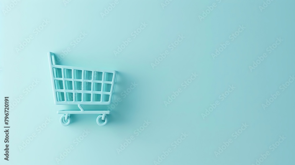 Soft pastel blue background featuring a minimalist shopping cart icon