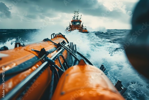 Orange rescue boat in blue ocean during stormy sea rescue operation. Concept Rescue Boat, Stormy Sea, Ocean Rescue, Orange Boat, Sea Operations photo
