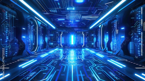 Virtual reality environment with immersive blue circuitry patterns, portrayed against a stark, spacious background suitable for engaging and descriptive virtual content photo