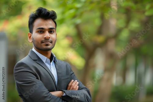 Confident young Indian businessman outdoors arms crossed looking at camera. Concept Outdoor Photoshoot, Confident Pose, Business Attire, Young Indian Man, Professional Background photo