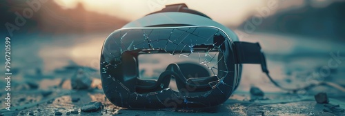 A cracked virtual reality helmet lies abandoned, a metaphor for visionary projects that collapse under the weight of unrealistic expectations, business concept photo