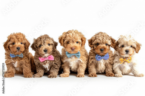 six golden happy doodle puppies, sitting side by side wearing colorful bows on their heads isolated against white background © Jane_S