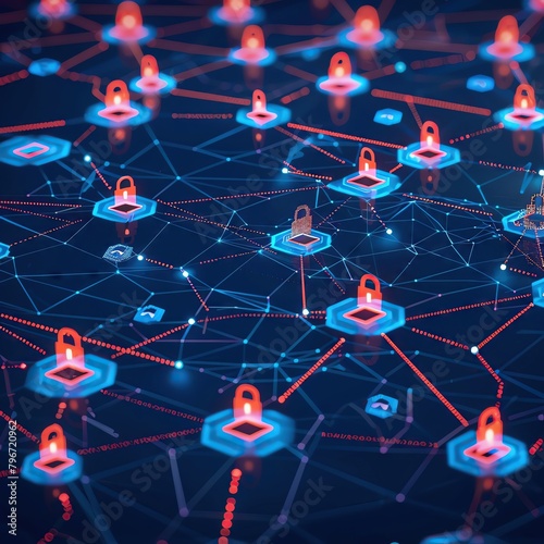 Cybersecurity data protection visualization with digital locks and secure connections over a network map, set on a navy blue backdrop providing ample space for detailed explainer text