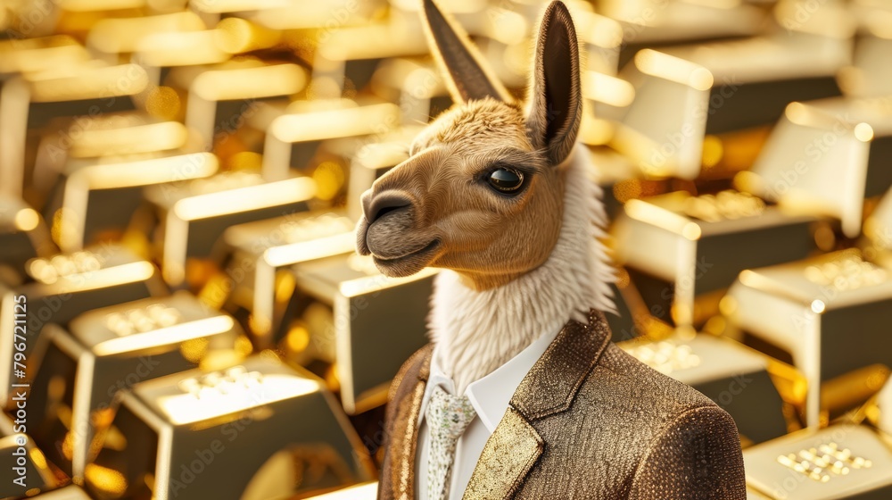 Naklejka premium A llama dressed in a sharp suit stands in a field of gold bars, highlighting investment success in unconventional business ventures, business concept