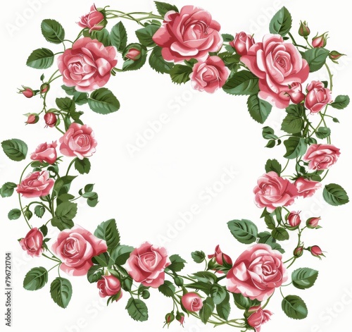 Wreath of Pink Roses on White Background