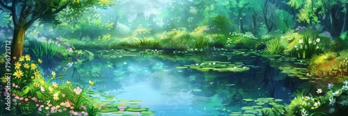 A quiet pond reflects the azure sky  surrounded by lush greenery and blooming flowers  kawaii water color