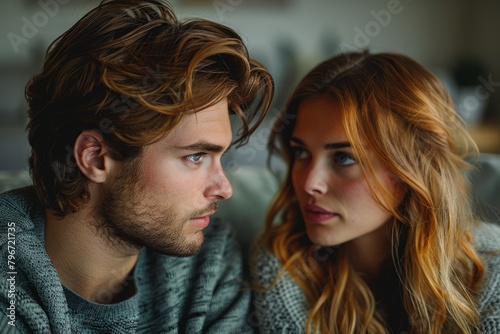 A young couple in a close-up shot, gazing at each other with intent and focus