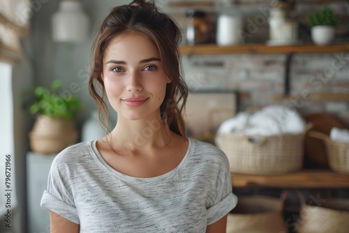 Free Download Young woman with a subtle smile standing in a cozy kitchen, exuding casual elegance and contentment - GFXLoad