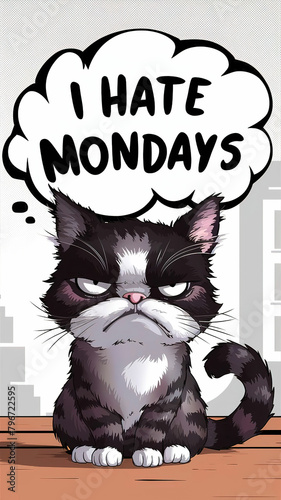 A humorous picture of a grumpy cat saying I hate Mondays