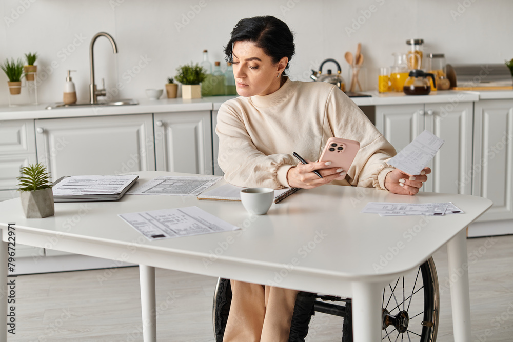 A disabled woman in a wheelchair sips coffee at a table in her kitchen while working remotely. A disabled woman in a wheelchair sips coffee at a table in her kitchen while working remotely.
