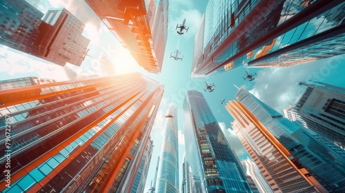 Futuristic cityscape  modern skyscrapers and airborne vehicles in the urban skyline photo