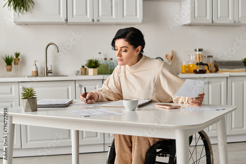 A disabled woman in a wheelchair sits at a table, near cup of coffee and working in a cozy home kitchen setting.