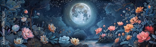Beneath a full moon, a detailed colored pencil drawing captures a nightblooming garden, where nocturnal flowers open under the stars, their petals shimmering in the moonlight photo