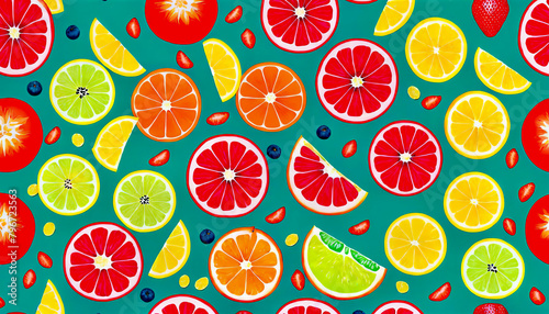 Colorful Citrus Fruits Pattern on Teal Background
