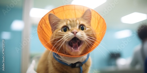 Happy cat in veterinary collar after operation -, concept of Cute feline photo