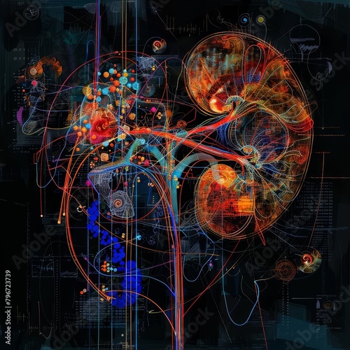 Create a visually striking representation of the medical concept of kidney function through digital art