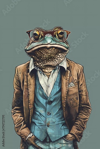 frog with a human body wearing a jacket. Vector illustration. Hipsters. Clothing and accessories. A man in a business suit.