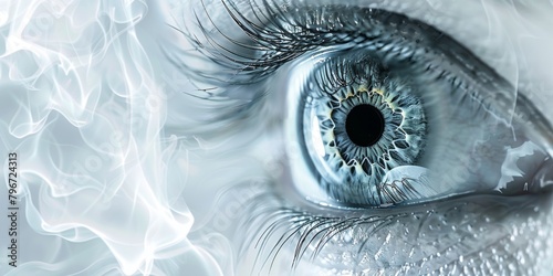 Close-up of a human eye with intricate iris details against a smoky light abstract background