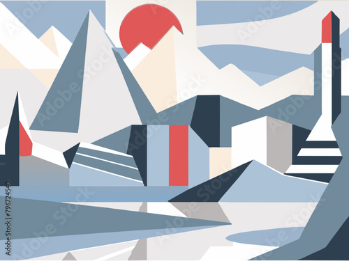 Abstract Mountain Landscape with Red Sun and Geometric Shapes