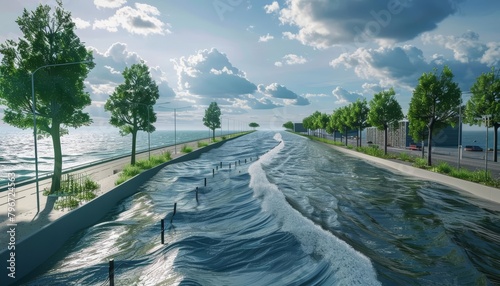 Flood defense systems, such as levees and storm surge barriers, are essential for protecting coastal communities from increasing sea levels and extreme weather conditions, science concept photo
