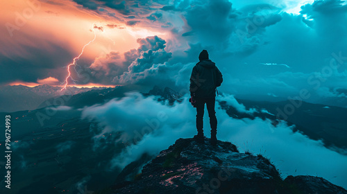 A man standing on a mountaintop during a lightning storm.