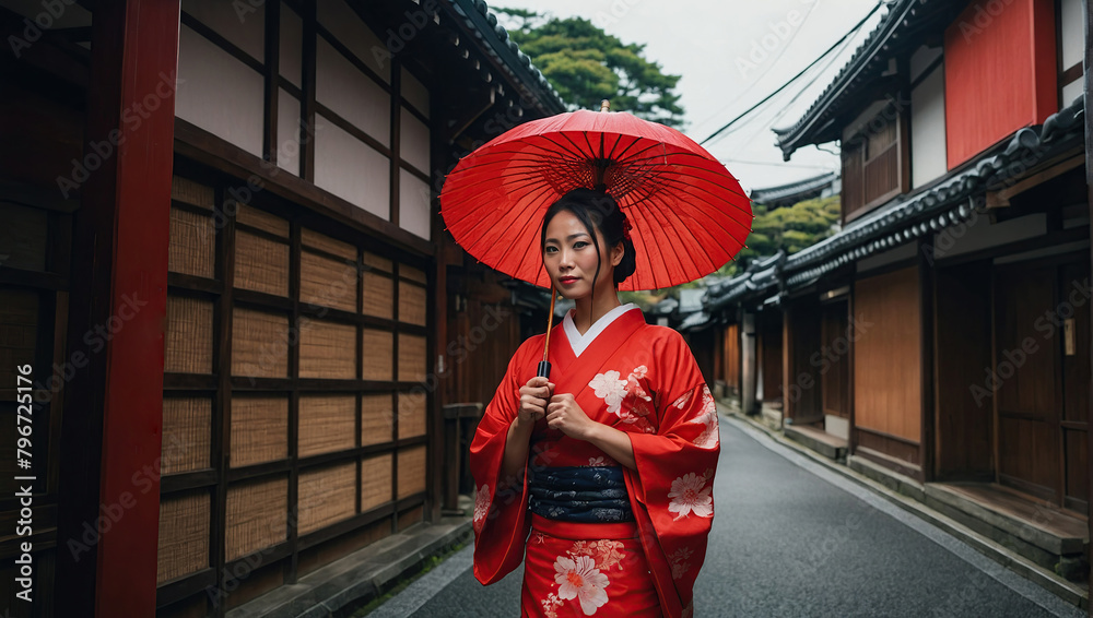 Fototapeta premium Portrait of a beautiful attractive Asian woman in traditional Japanese clothing, kimono, with an umbrella