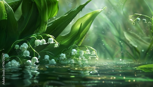 Lilies of the valley tinkle softly, their bellshaped blooms a melody of purity, bright water color photo
